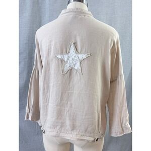 XCVI Womens Beige 100% Linen Star Applique Button‎ Up Utility Jacket Medium